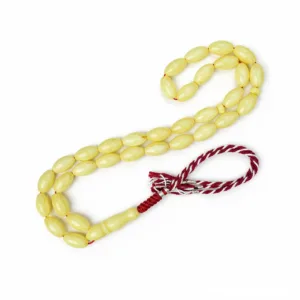 مسباح بلون أصفر شبيه بالكهرمان بتصميم زيتوني وحبات بيضاوية مصقولة، Indian Wood Tasbih – othmani.co